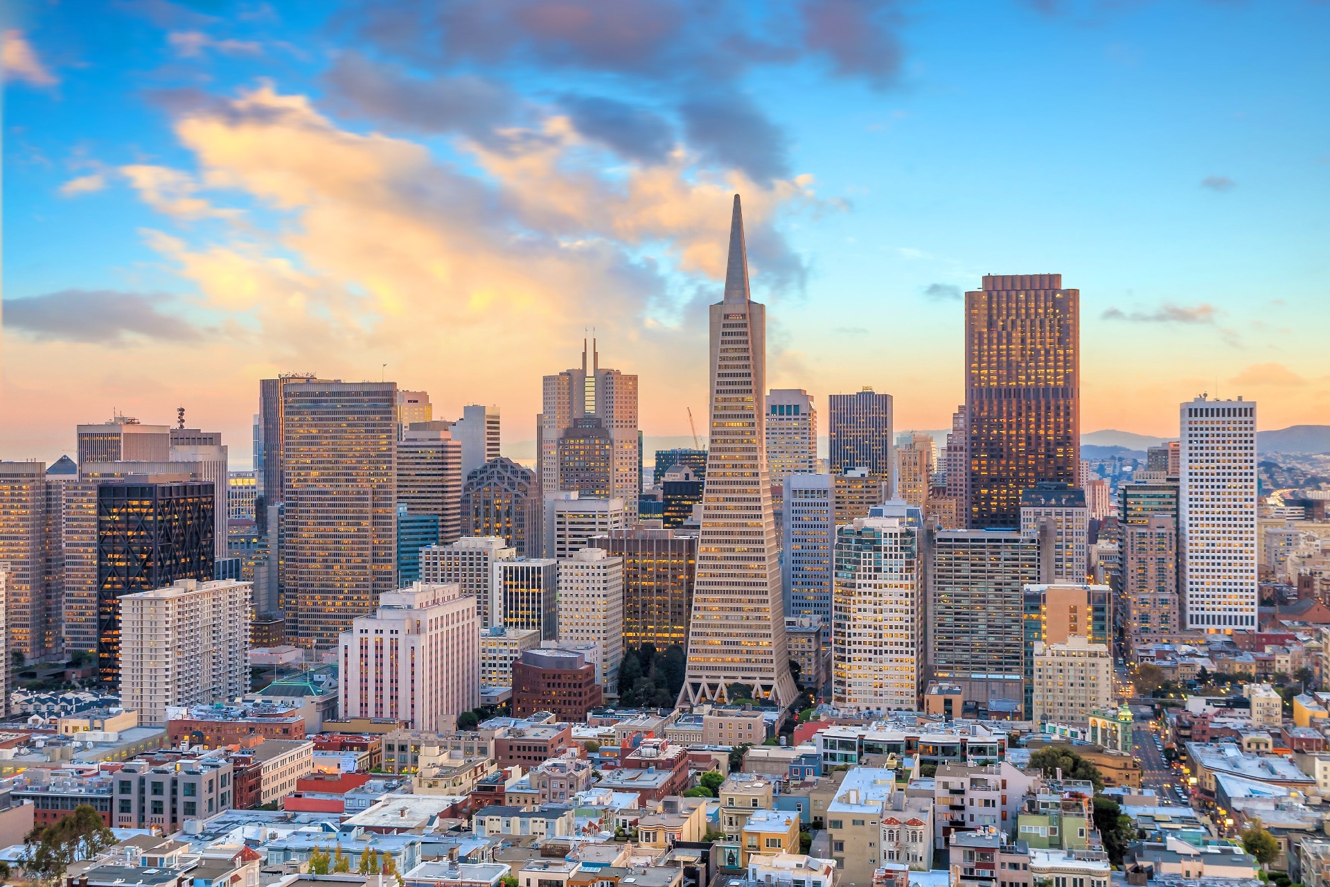 San Francisco downtown skyline at sunset